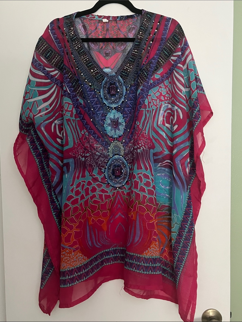 Source Unknown Beaded Sheer Coverup in Fuchsia and Teal